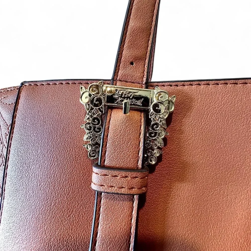 Vintage Betsey Johnson Cognac Leather Embroidered Quilted Structured Tote Bag